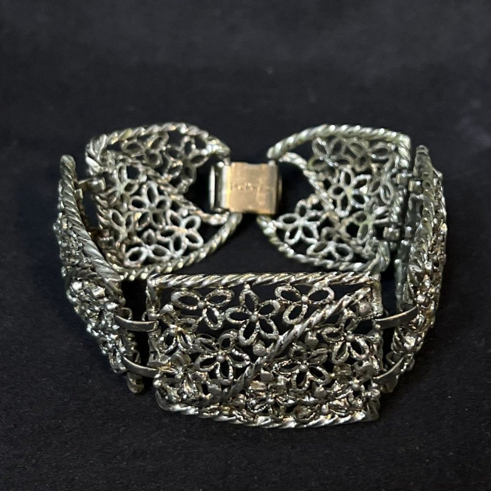Emmons Silver Tone Floral Open Cutwork Floral Panel Bracelet (4053)
